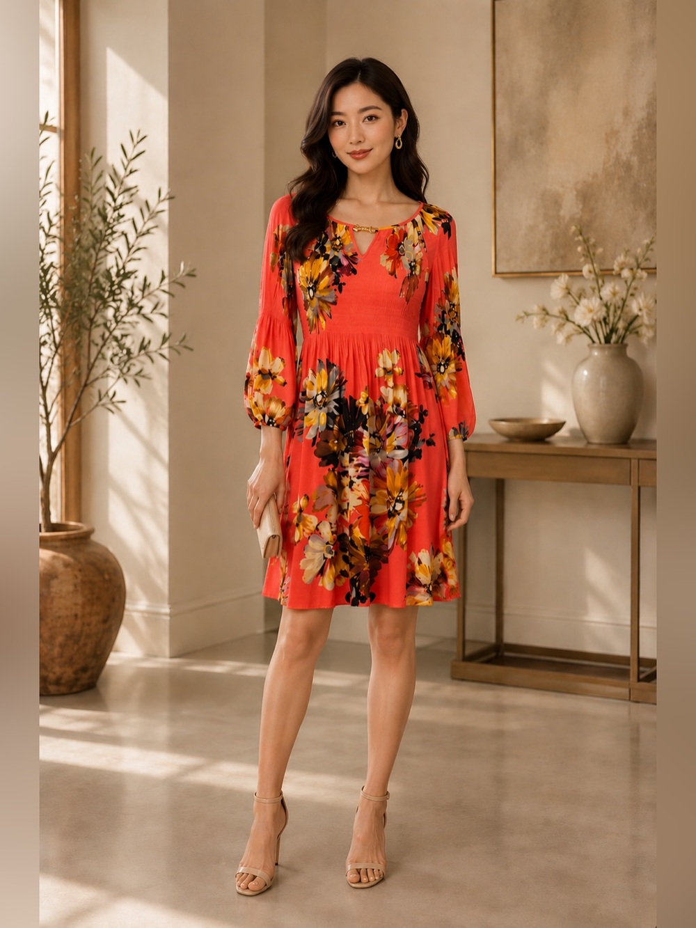 🔥🔥🔥🔥🔥FINAL SALE 🔥🔥🔥🔥🔥Floral Coral Dress with 3/4 Sleeves